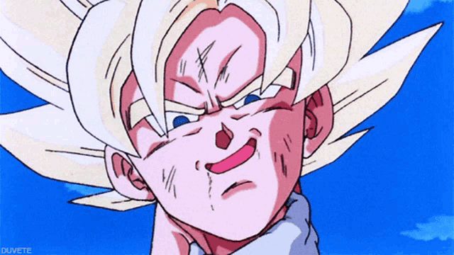 a close up of a cartoon character with duvete at the bottom right