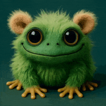 a green stuffed frog with big eyes and ears is smiling