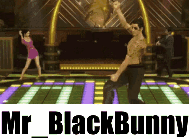 a man and a woman are dancing on a dance floor with the words mr_blackbunny behind them