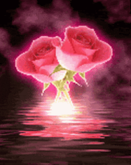 two pink roses are reflected in the water against a dark background