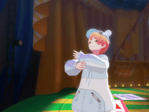 a girl in a blue hat with the letter x on it stands on a stage
