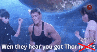 a man and two girls are dancing in front of a planet and the words wen they hear you got thor noodles
