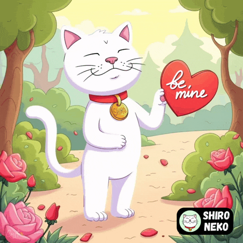 a cartoon of a white cat holding a red heart that says be mine