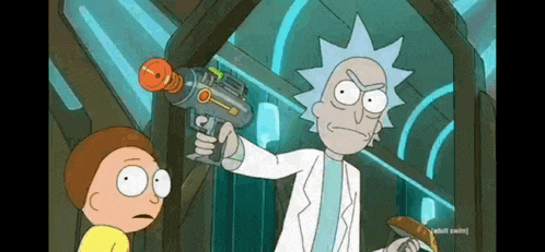 rick and morty are standing next to each other in a room and rick is holding a toy gun .