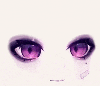 a close up of a person 's eyes with purple eyes and a slight smirk on their face .