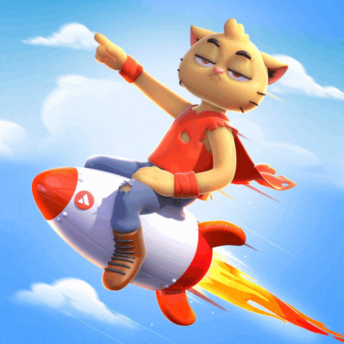 a cartoon cat is sitting on a rocket and pointing up