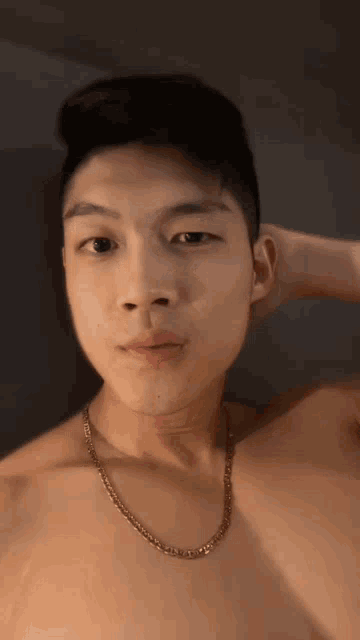 a shirtless young man with a gold chain around his neck