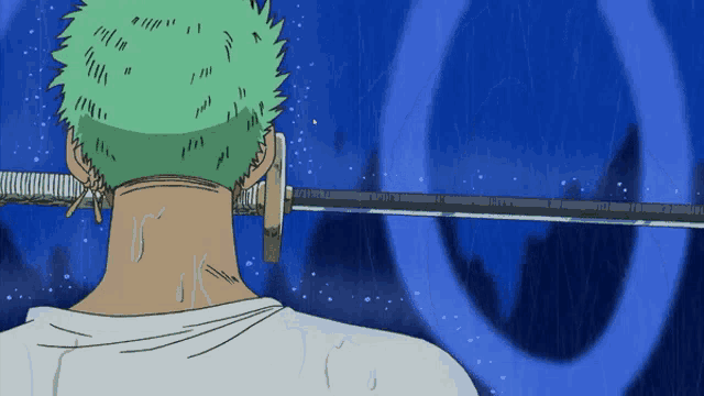 a man with green hair is holding a sword in his hand