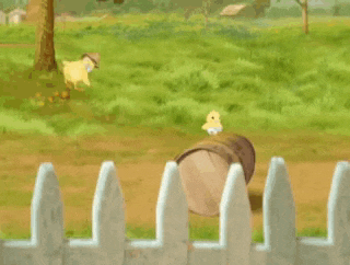 a barrel is rolling in the grass next to a white picket fence and two chickens .