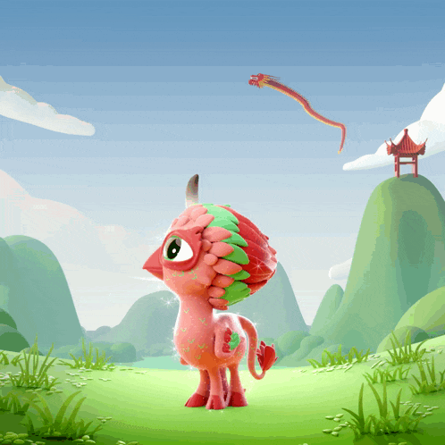 a dragon with a strawberry head is standing in the grass