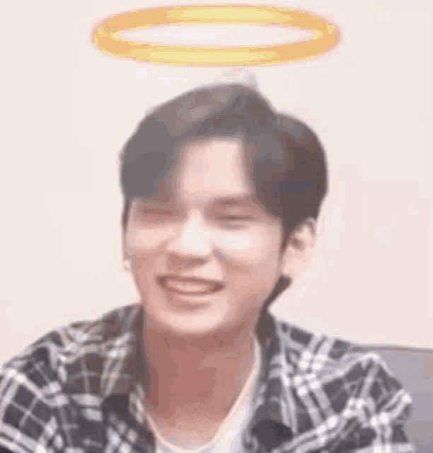a young man wearing a plaid shirt and a halo on his head .
