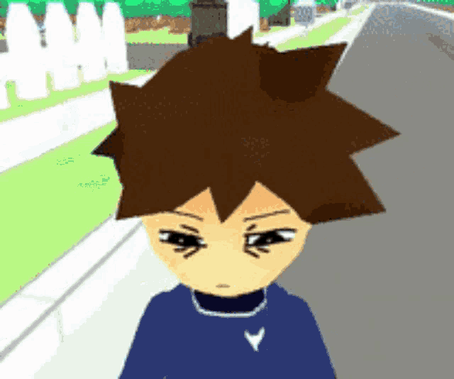a cartoon character with brown hair and a blue shirt with a white y on it