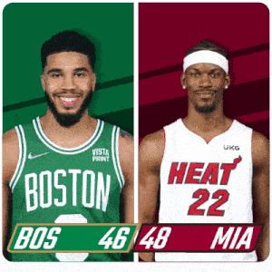 two basketball players wearing boston and heat uniforms