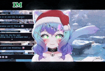 a girl with purple hair and green eyes is wearing a santa hat and a bell collar