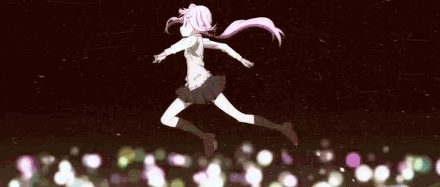 a girl with long pink hair is jumping in the air .