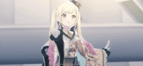 a blonde anime girl with pigtails and a hat giving a peace sign