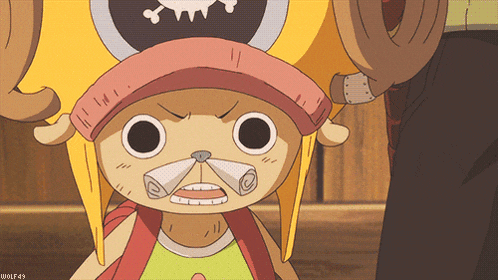 a cartoon character named tony tony chopper is wearing a yellow hat with a skull and crossbones on it