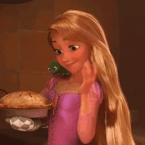 rapunzel from tangled is holding a pie with a lizard on her head .