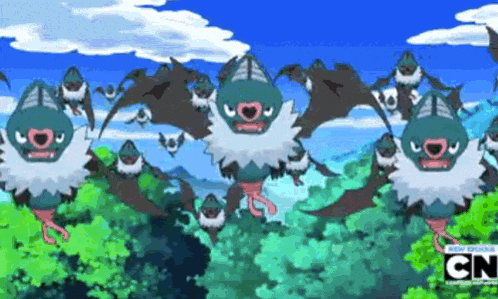 a bunch of bats are flying over a forest with cn written on the bottom