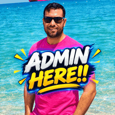 a man in a pink shirt stands in front of a banner that says admin here