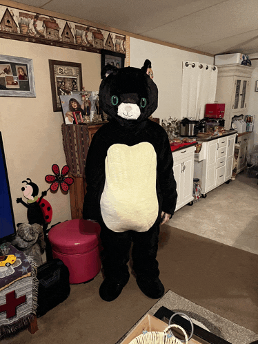a mascot in a black and white cat costume stands in a living room