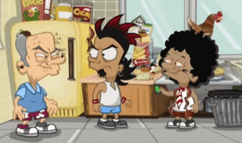 a cartoon of a man and two boys standing in front of a fridge that says k-poo