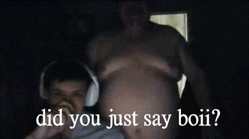 a man with headphones is standing next to a man with a huge belly and the words did you just say boii