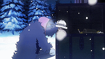 a cartoon drawing of a person kneeling in the snow