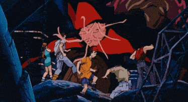 a group of people are running from a monster in a dark room
