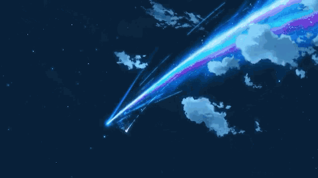 a girl in a kimono is looking at a shooting star in the sky .