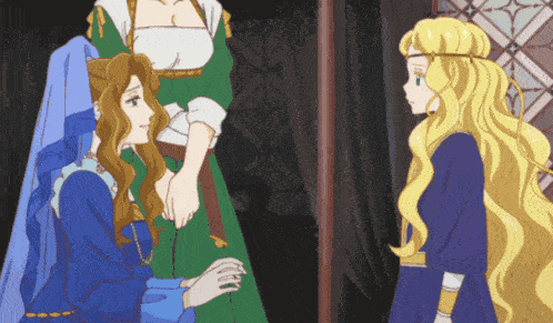a woman in a blue dress holds hands with another woman