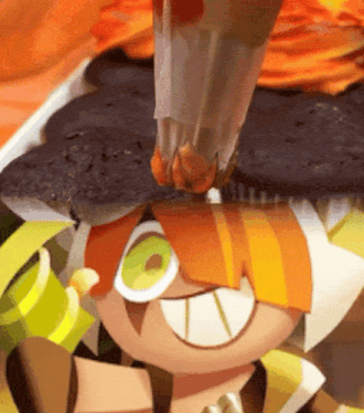 a cartoon character with orange hair and green eyes is being decorated