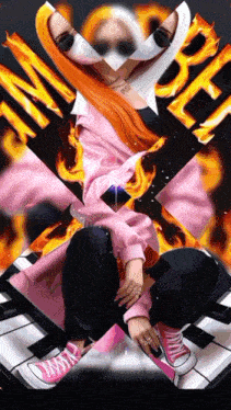 a woman in a pink jacket is sitting on a piano keyboard with the word inferno behind her