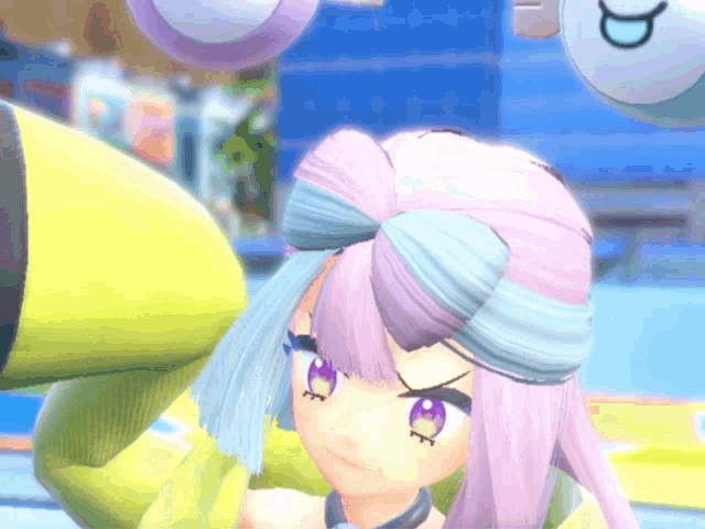 a girl with pink hair and purple eyes is standing in front of a yellow object that has the letter d on it