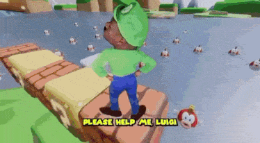 a man in a green hat is standing on a brick wall in a video game and asking for help .