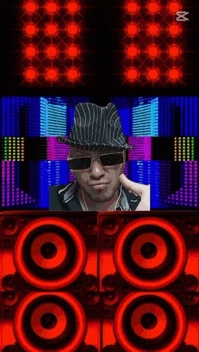 a man wearing sunglasses and a hat is standing in front of a bunch of speakers that say cut