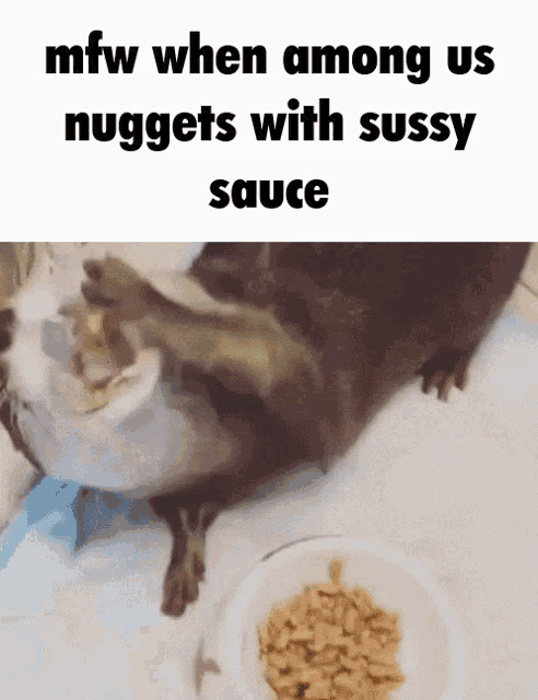 a cat is eating nuggets with sauce next to a bowl of cereal ..