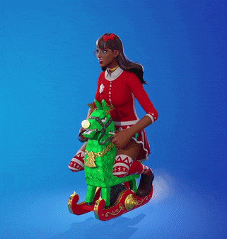 a woman in a red and white outfit is riding a green horse in a sleigh