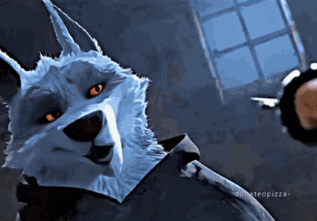 a drawing of a wolf with orange eyes and the words donatedpizza below it