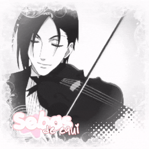 a black and white drawing of a man playing a violin with the words sebas de equi written below him