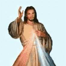 a painting of jesus with long hair giving a thumbs up sign