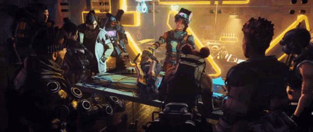 a group of people are gathered in a room with a neon sign that says ' ambulance ' on it
