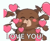 a teddy bear is surrounded by pink hearts and kissing .