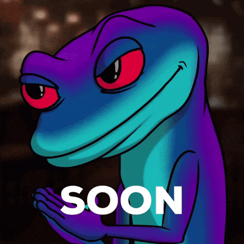 a blue and purple lizard with red eyes and the word soon behind it