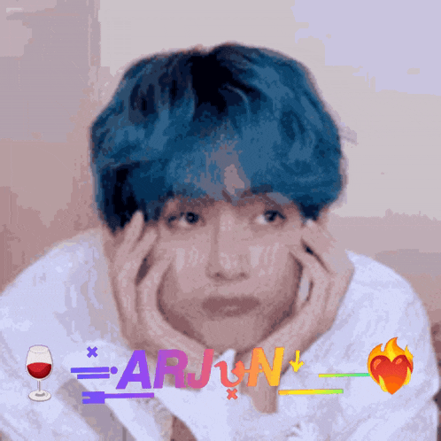 a person with blue hair has the name earjun on the bottom right