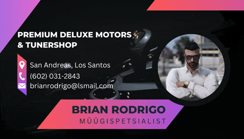 a business card for premium deluxe motors and tunershop by brian rodrigo