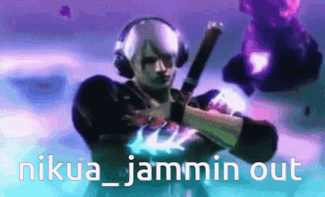 a picture of a man with headphones holding a gun with the words " nikua_jammin out " on the bottom