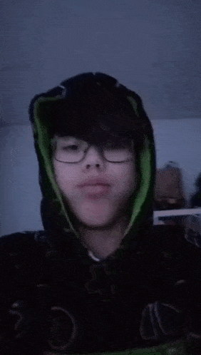 a young boy with green hair and glasses is wearing a black hoodie and glasses .