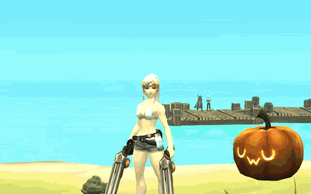 a girl in a bikini is holding two guns next to a pumpkin with a face carved into it