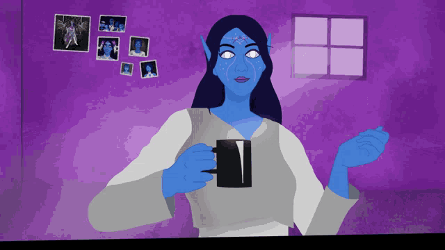a cartoon of a woman with blue skin holding a mug